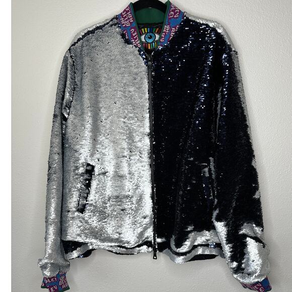 Libertine Silver Black Reversible Sequin Front Zip Long Sleeve Bomber Jacket XL - Picture 1 of 15